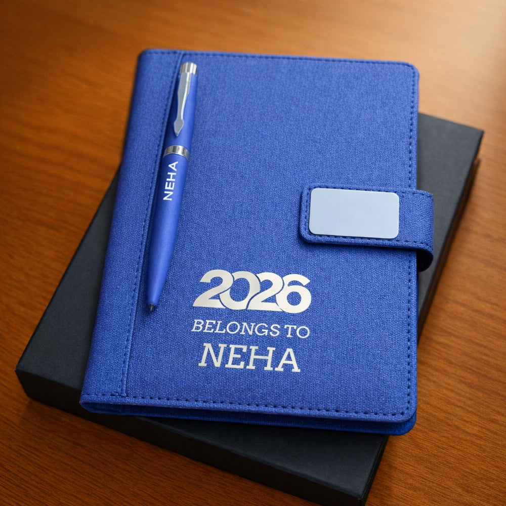 Custom Diary with Matching Engraved Pen | Premium Leatherette Diary with Name Black Gift Box