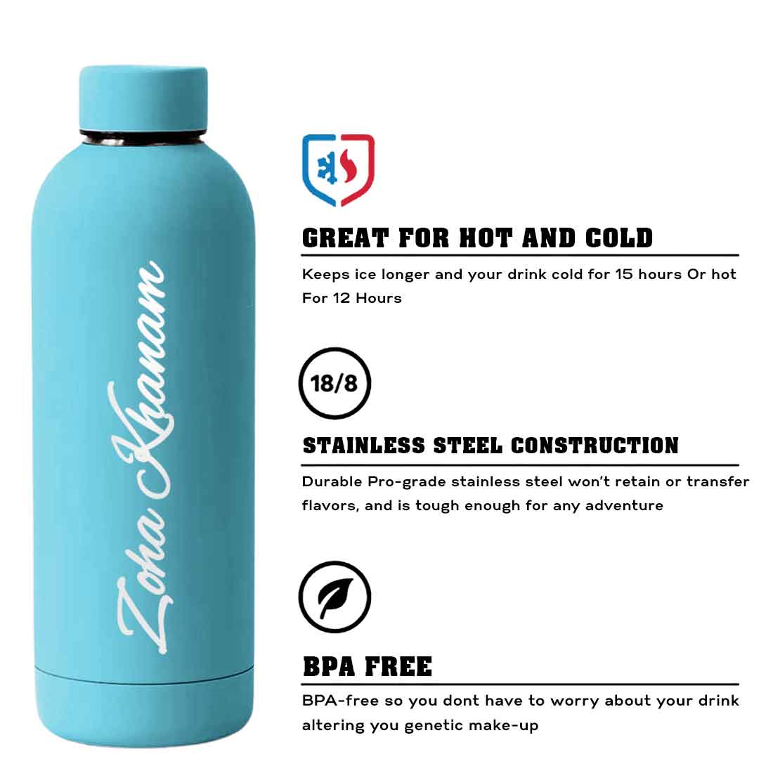 Stainless Steel Water Bottle with Names 500ml Double Insulated Bottles for Office Home Travel- BPA Free, Leakproof