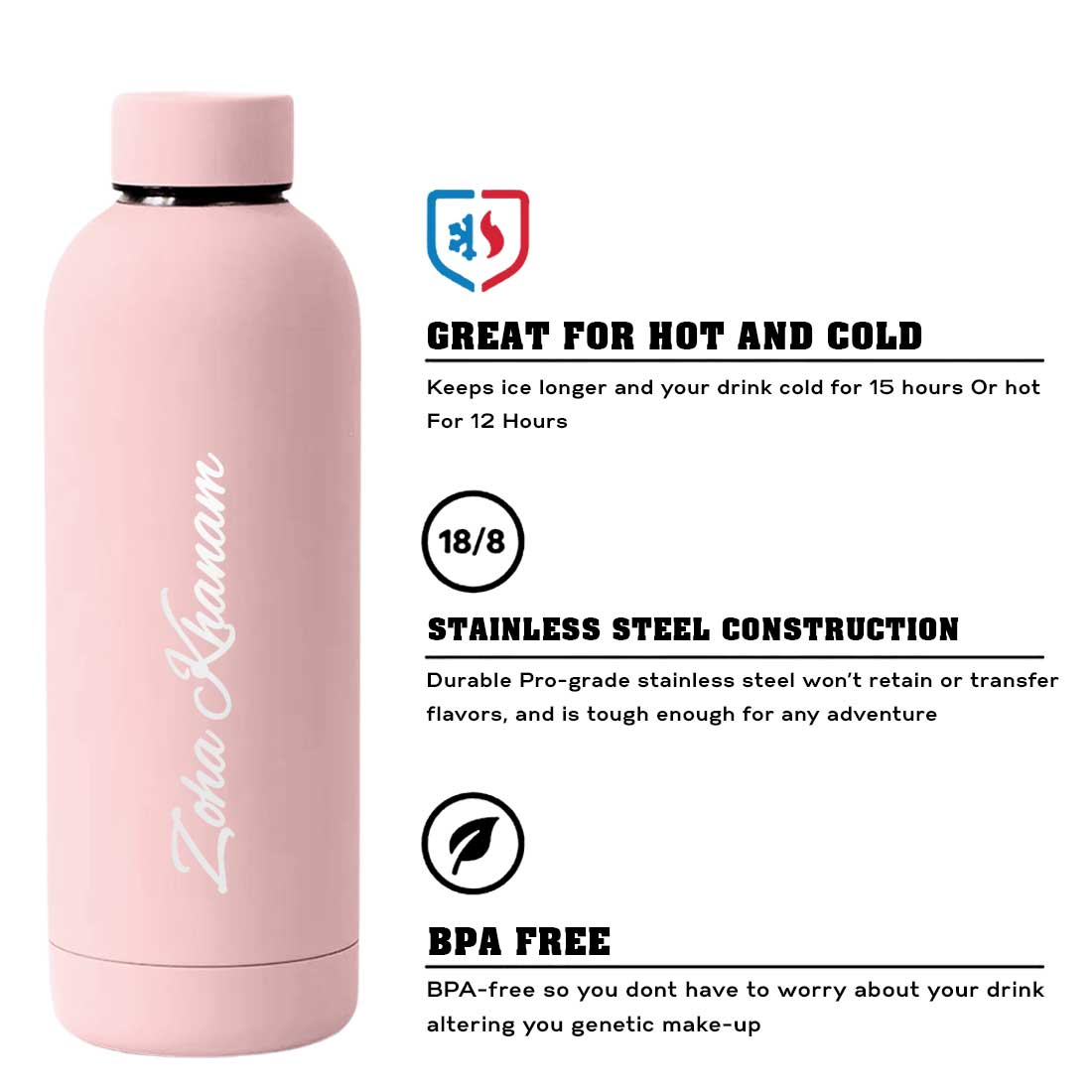 Stainless Steel Water Bottle with Names 500ml Double Insulated Bottles for Office Home Travel- BPA Free, Leakproof