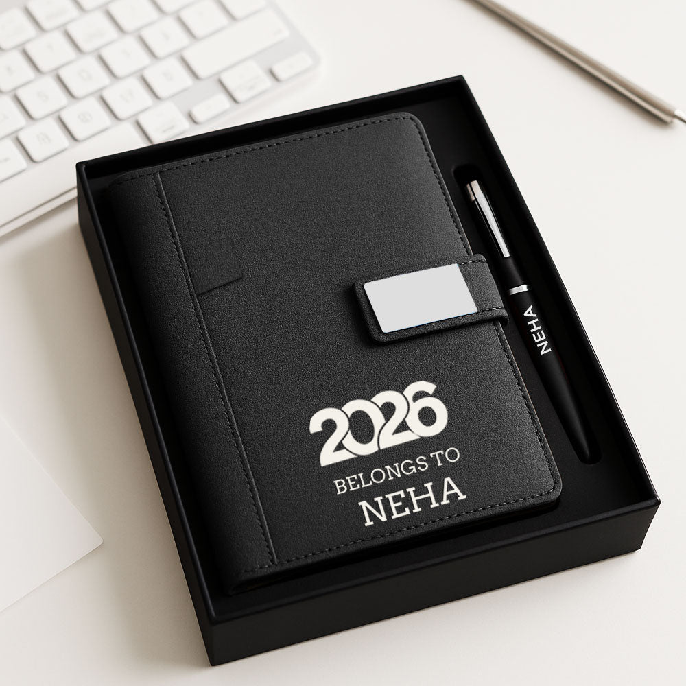 Custom Diary with Matching Engraved Pen | Premium Leatherette Diary with Name Black Gift Box
