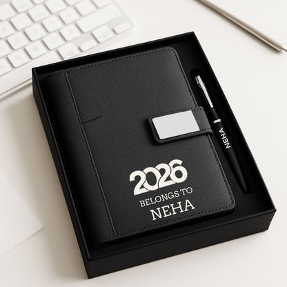 Custom Diary with Matching Engraved Pen | Premium Leatherette Diary with Name Black Gift Box