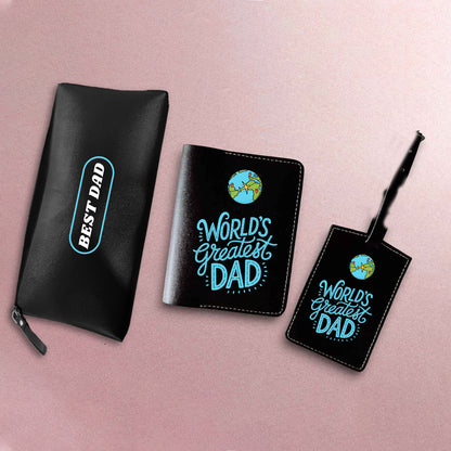Gifts for Father's Day Travel Set, PU Leather Pouch, Passport Cover and Luggage Tag, World's Greatest Dad Design