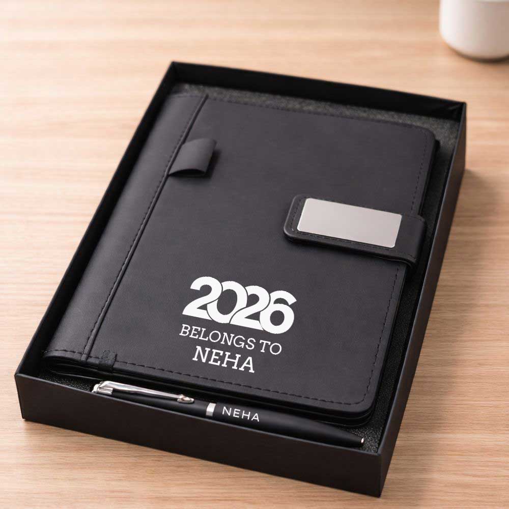 Custom Diary with Matching Engraved Pen | Premium Leatherette Diary with Name Black Gift Box