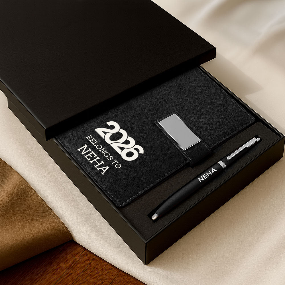 Custom Diary with Matching Engraved Pen | Premium Leatherette Diary with Name Black Gift Box