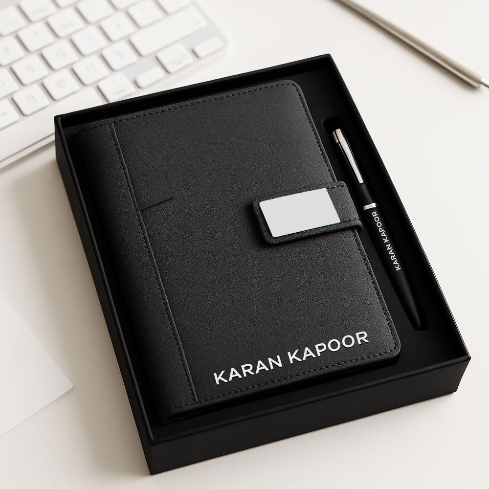Personalized Diary with Matching Engraved Pen | Customized Leatherette Diary Pen with Name and Premium Black Gift Box