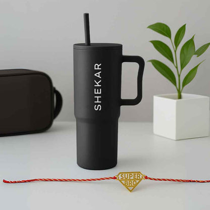 Customized Raksha Bandhan Gift Set for Brother – 1200ml Coffee Tumbler & Custom Acrylic Name Rakhi