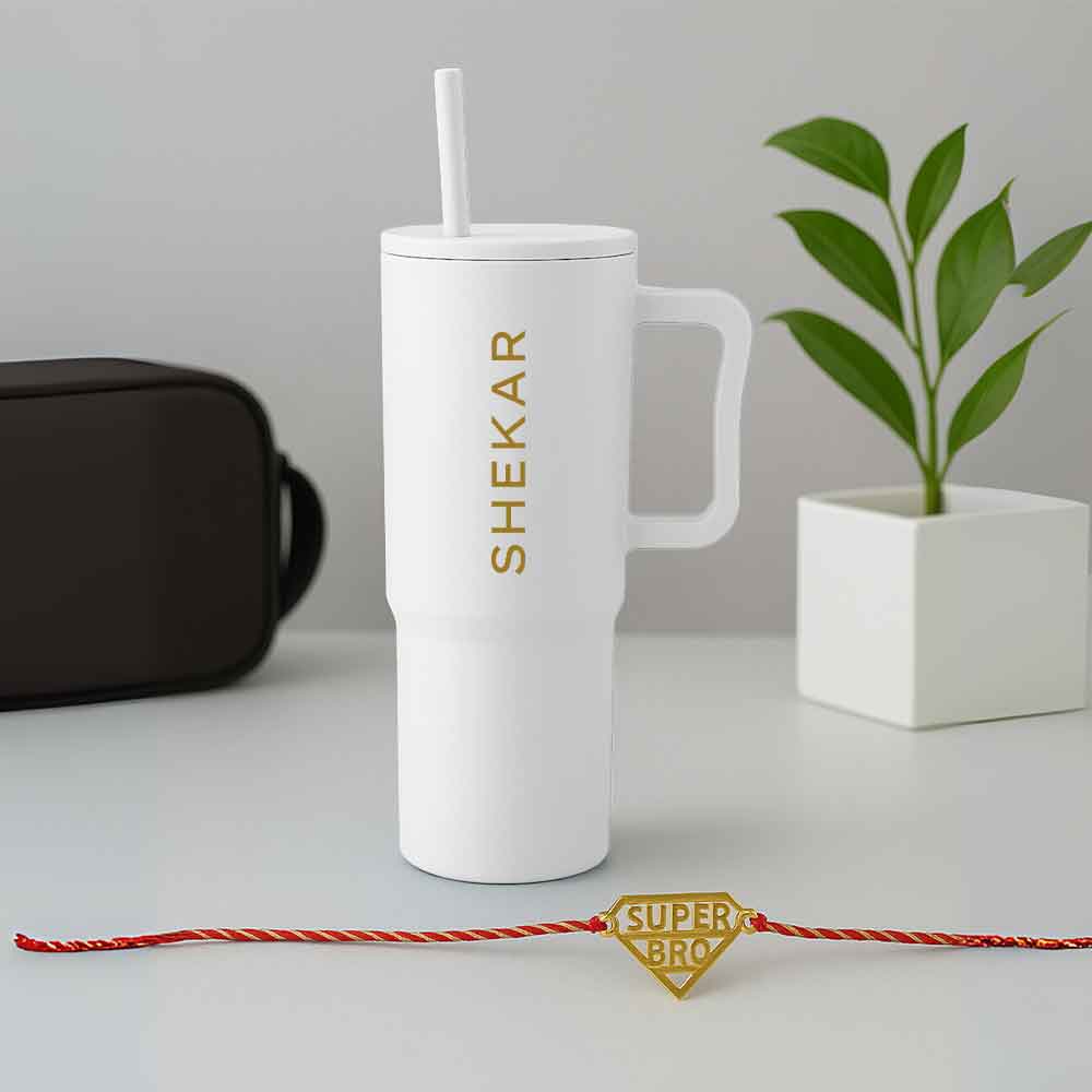 Customized Raksha Bandhan Gift Set for Brother – 1200ml Coffee Tumbler & Custom Acrylic Name Rakhi