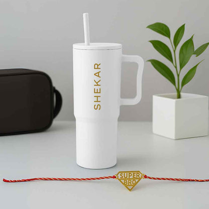 Customized Raksha Bandhan Gift Set for Brother – 1200ml Coffee Tumbler & Custom Acrylic Name Rakhi