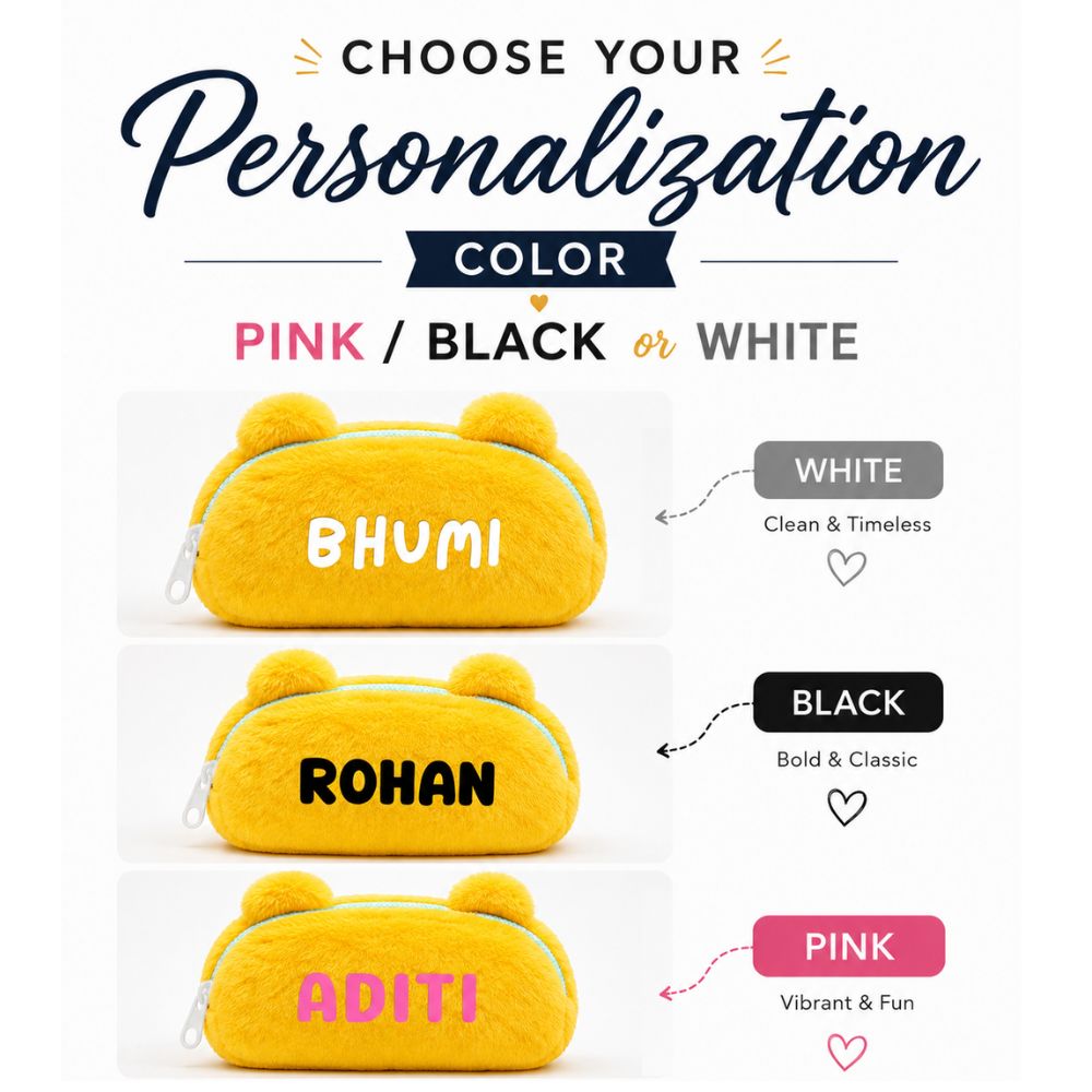 Personalised Pencil Pouch with 3D Ears & Custom Name | Birthday Gift for Kids | Plush Faux Fur