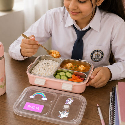 Personalized Kids Stainless Steel Lunch Box | Custom Name 3 Compartment Leakproof Tiffin Box