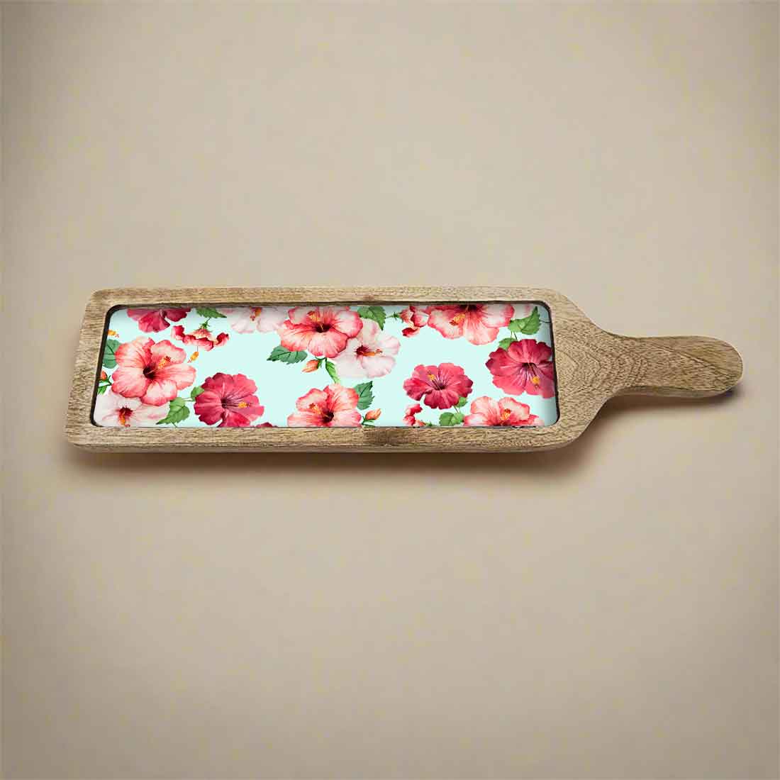 Stylish Serving Platter Tray For Dry Snacks Wooden Tray - Hibiscus Flower