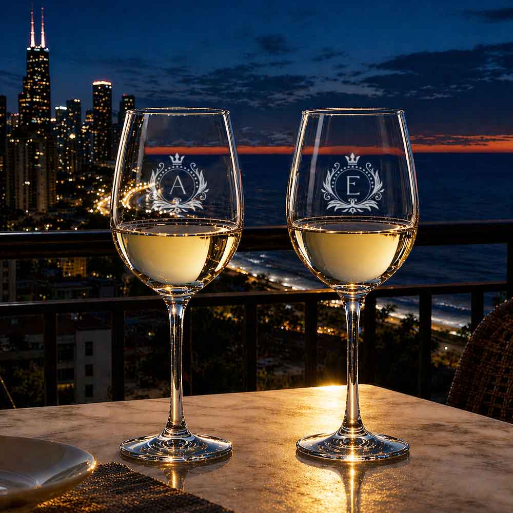 Personalized Wine Glasses for Couple Engraved with Monogram Design