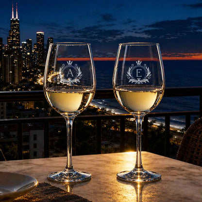 Personalized Wine Glasses for Couple Engraved with Monogram Design