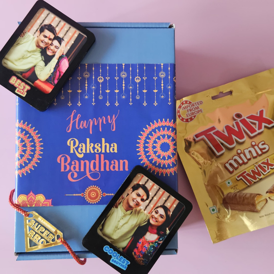 Personalized Rakshabandhan Gift for Brother – Fridge Magnet Set, Super Bro Acrylic Rakhi & Twix Chocolate Combo