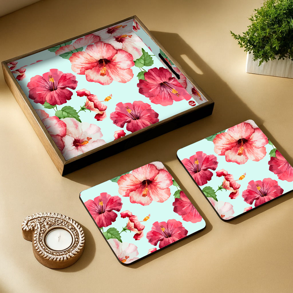 Festive MDF Wooden Tray with 4 Metal Coasters & Decorative Candle Diya – Diwali Gift Set