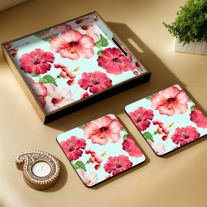 Festive MDF Wooden Tray with 4 Metal Coasters & Decorative Candle Diya – Diwali Gift Set
