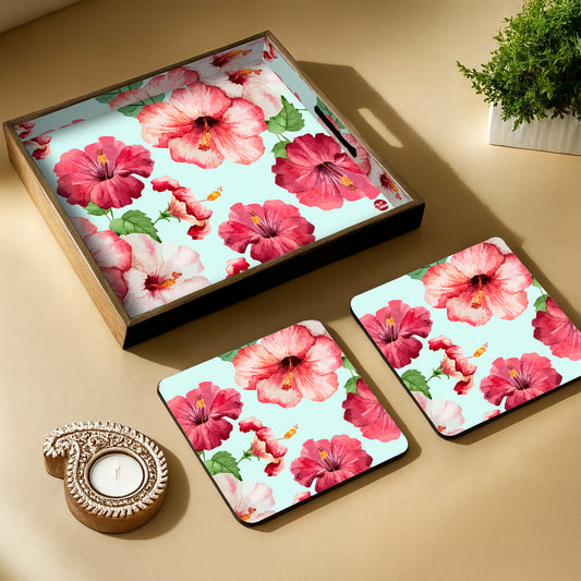 Festive MDF Wooden Tray with 4 Metal Coasters & Decorative Candle Diya – Diwali Gift Set