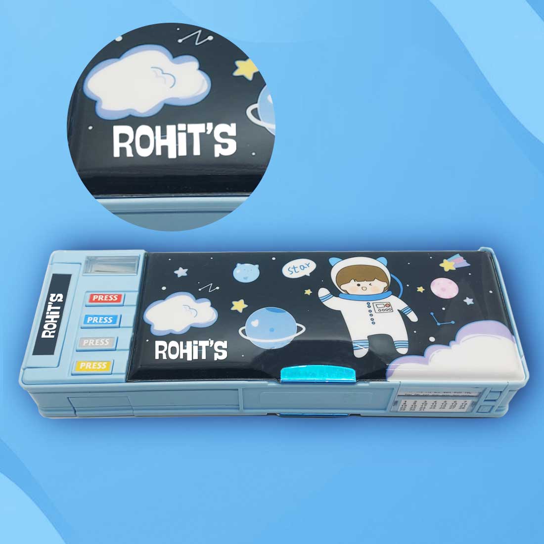 Customize Pencil Box with Name Switch Operated Multi-functional Compass Box for Kids with Press buttons