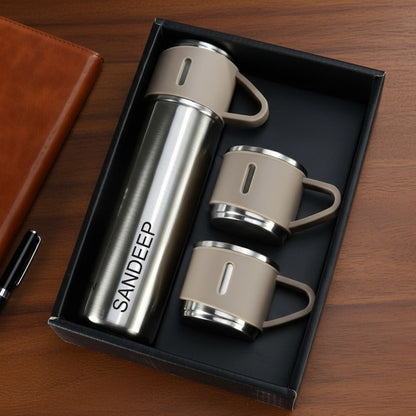 Custom Travel Mug Thermos With 2 Cups Gift Box Set - Add Name