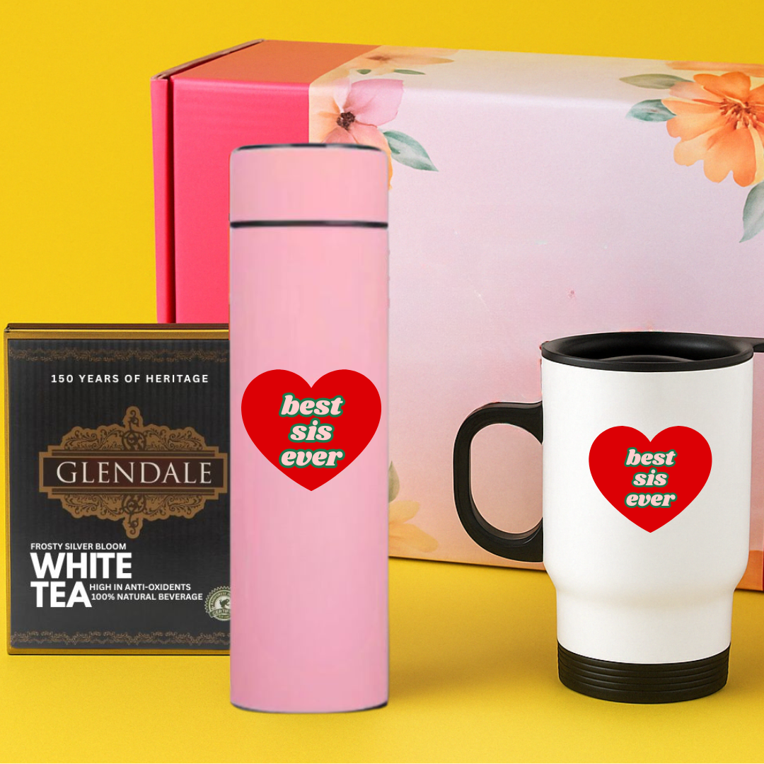 Personalized Rakhi Gift for Sister – Unique Raksha Bandhan Gift Idea - Custom Temperature Flask, Insualted Mug And White Tea Pack