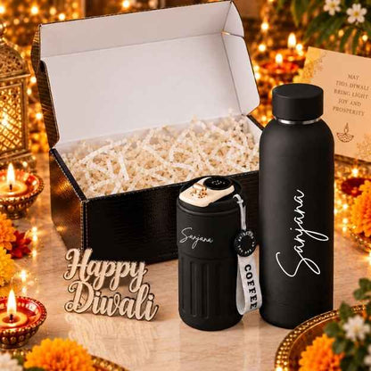 Personalized Coffee tumbler and Water Bottle Diwali Gift Set Box - Insulated Black Coffee Tumbler (500 ml), Thermos Black Water Bottle (500 ml) & Golden Happy Diwali Cutout in a Festive Gift Box