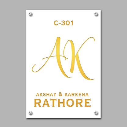 White Name Plate for Home - Premium Vertical Nameplate with Golden Debossed Details