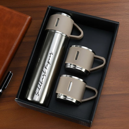 Custom Thermos With Cup Lid 3 Cups Gift Box Set for Travel Outdoor Camping - Add Name
