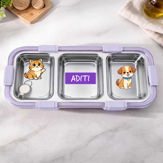 Personalized Stainless Steel Tiffin Box for Kids - 3 Compartment Leak-Proof Lunch Box with Metal Spoon & Cutlery Slot - Cute Pets