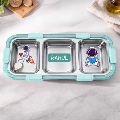 Personalized Stainless Steel Tiffin Box for Kids - 3 Compartment Leak-Proof Lunch Box with Metal Spoon & Cutlery Slot