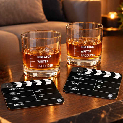 Movie-Themed Gift Set for Film Industry – Funny Peg Measure Glasses Set of 2 & Clapboard Metal Coasters Set of 4 - Filmy