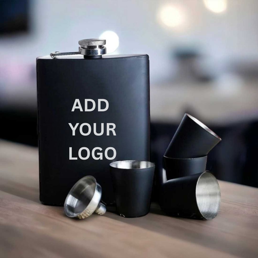 Personalized Engraved Hip Flask With Funnel And 4 Shot Glasses In Gift Box  - Add Logo