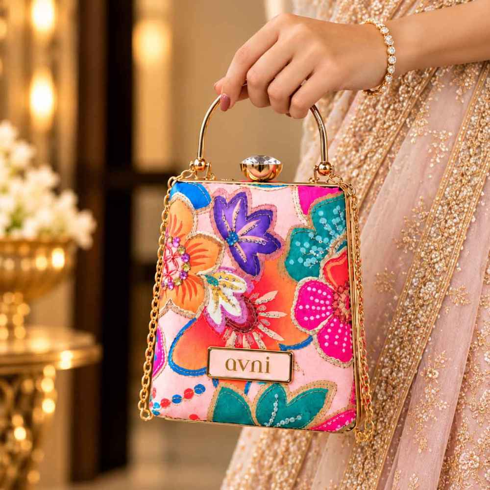 Custom Clutches Floral Ethnic Clutch Bag Box - Name Purse with Crystal Studded Push Lock, Golden Frame & Detachable Sling Chain
