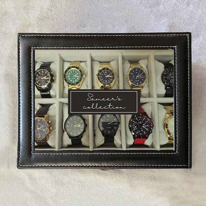 Personalized Watch Organizer Box – 10 Slot Faux Leather Wrist Watch Storage Case with Glass Lid