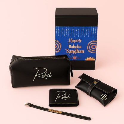 Personalized Raksha Bandhan Gift Set for Brother - Faux Leather Pouch, Wallet, Glass Holder & Rakhi - Available in Black & Brown