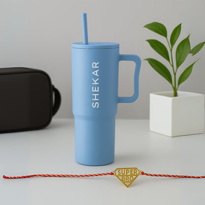 Customized Raksha Bandhan Gift Set for Brother – 1200ml Coffee Tumbler & Custom Acrylic Name Rakhi