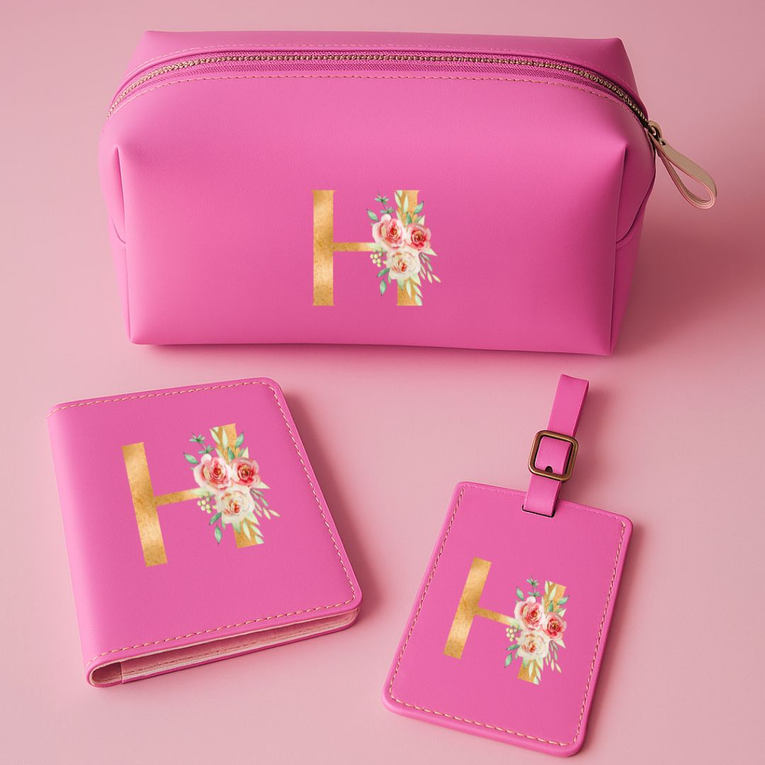 Mother’s Day Gift Box – Travel Combo Set for Mom (Passport Cover, Luggage Tag & Toiletry Bag in Pink PU Leather) - Floral Monogram