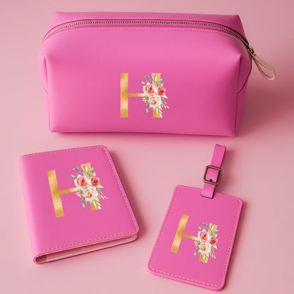 Mother’s Day Gift Box – Travel Combo Set for Mom (Passport Cover, Luggage Tag & Toiletry Bag in Pink PU Leather) - Floral Monogram