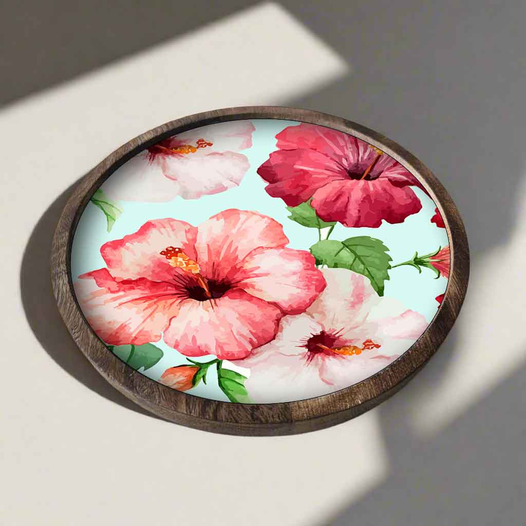 Snack Serving Platters for Croquettes, Kebabs | Round Wooden tray - Hibiscus