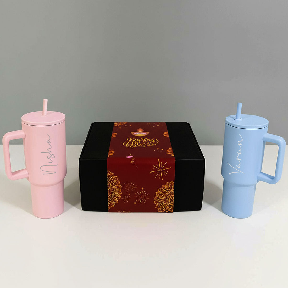 Personalized 1200ml Insulated Tumbler– Diwali Gift Set for Couples | Engraved Travel Mug With Straw