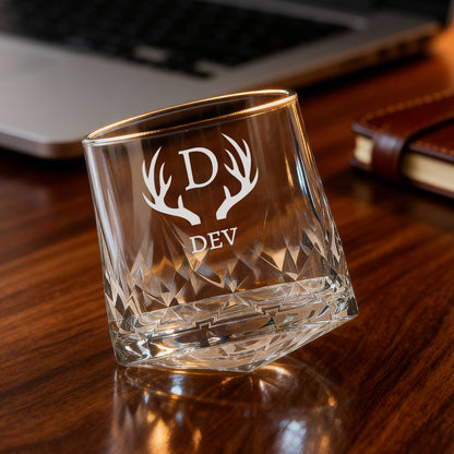 Engraved Whiskey Glass with Name – Set of 2 Rotating Diamond Whisky Glasses for Gifting