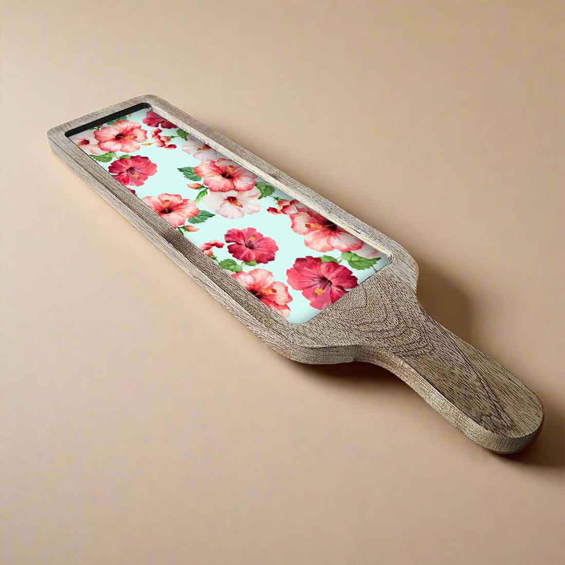 Stylish Serving Platter Tray For Dry Snacks Wooden Tray - Hibiscus Flower