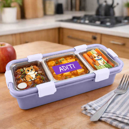 Personalized Stainless Steel Tiffin Box for Kids - 3 Compartment Leak-Proof Lunch Box with Metal Spoon & Cutlery Slot - Cute Pets