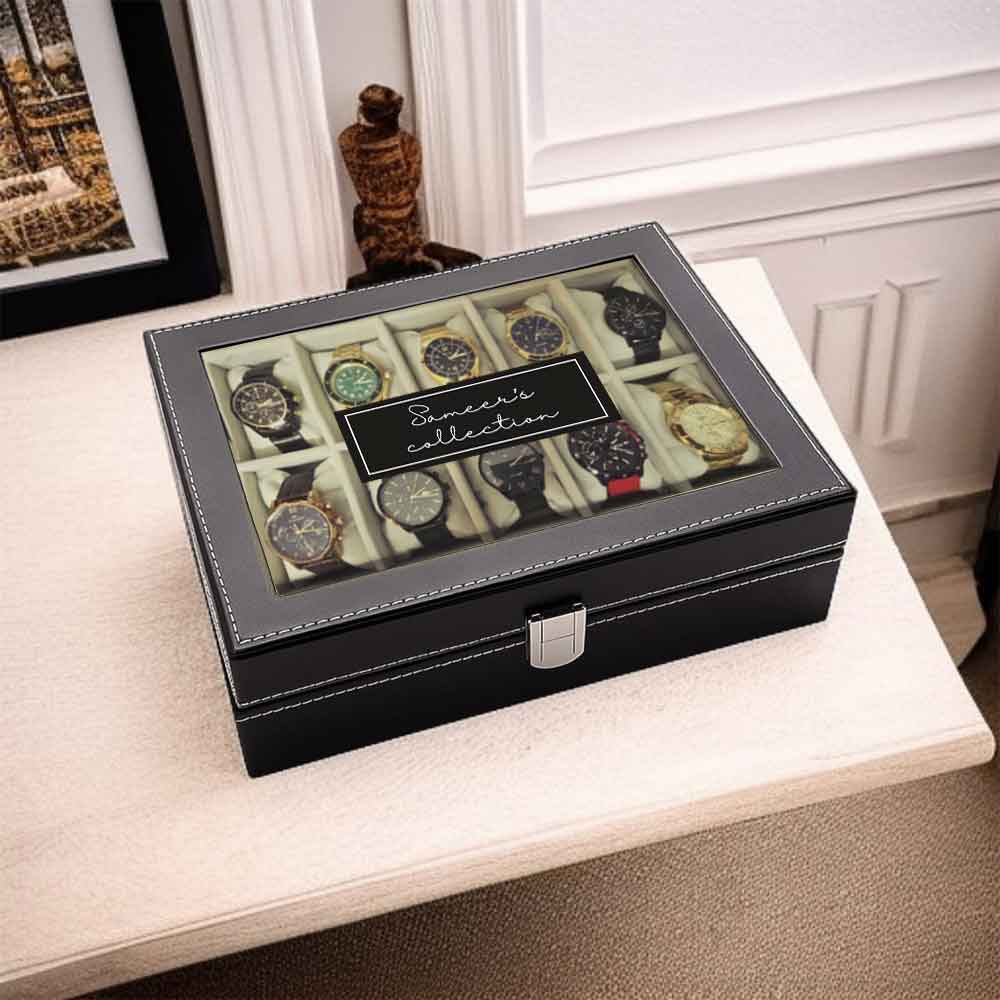 Personalized Watch Organizer Box – 10 Slot Faux Leather Wrist Watch Storage Case with Glass Lid