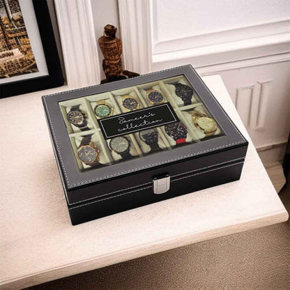 Personalized Watch Organizer Box – 10 Slot Faux Leather Wrist Watch Storage Case with Glass Lid