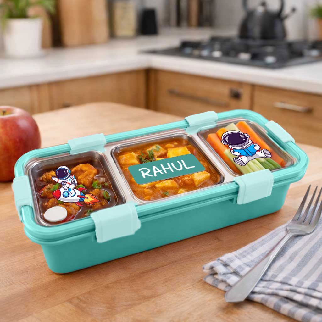 Personalized Insulated Tiffin Box Stainless Steel 3 Compartment Leak-Proof Lunch Box