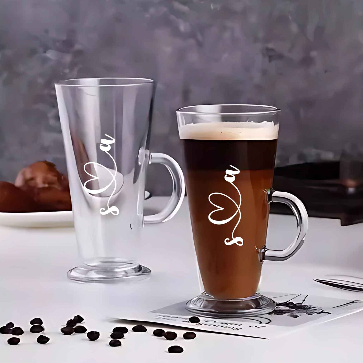 Couples Coffee Mugs Customised Coffee Cups Tall Latte, Cappuccino, Hot Chocolate Glass - Set of 2