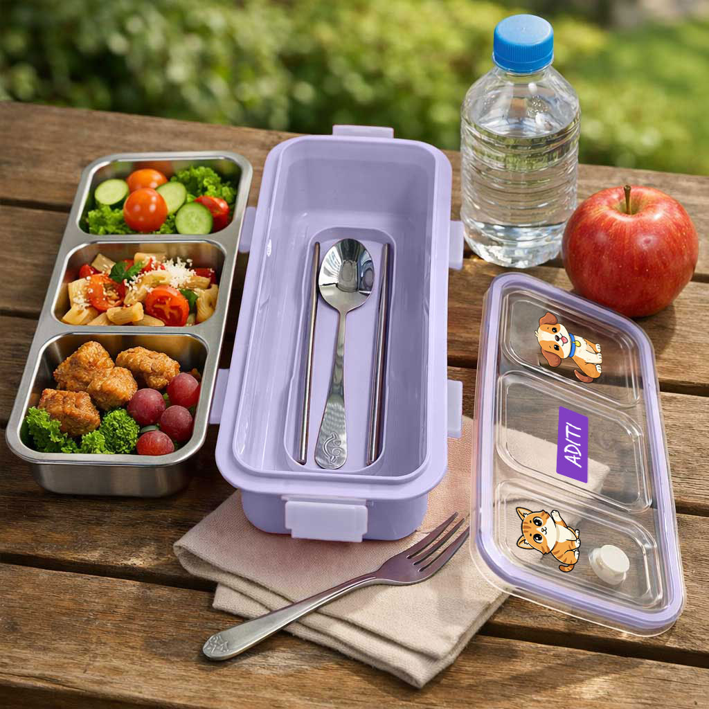 Personalized Insulated Tiffin Box Stainless Steel 3 Compartment Leak-Proof Lunch Box