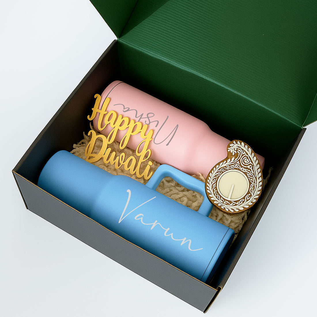 Personalized 1200ml Insulated Tumbler– Diwali Gift Set for Couples | Engraved Travel Mug With Straw