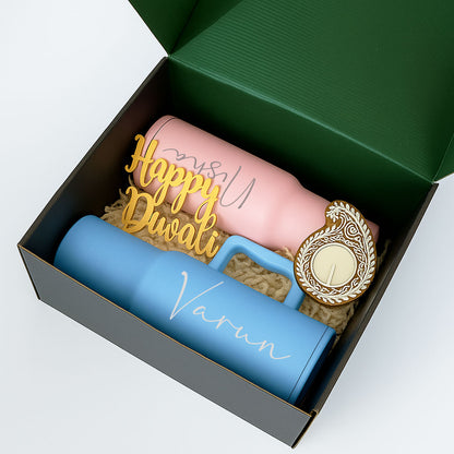 Personalized 1200ml Insulated Tumbler– Diwali Gift Set for Couples | Engraved Travel Mug With Straw