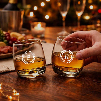 Customized Spinning Whiskey Glass for Couple–Engraved Scotch Glass Set of 2 with Gift Box